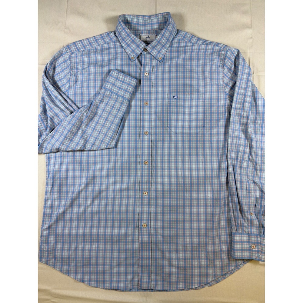 Southern Tide Intercoastal Plaid Performance Shirt XL Blue Orange Long Sleeve